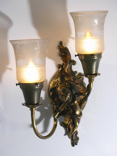 Cast Bronze Pair of Cherub Sconces